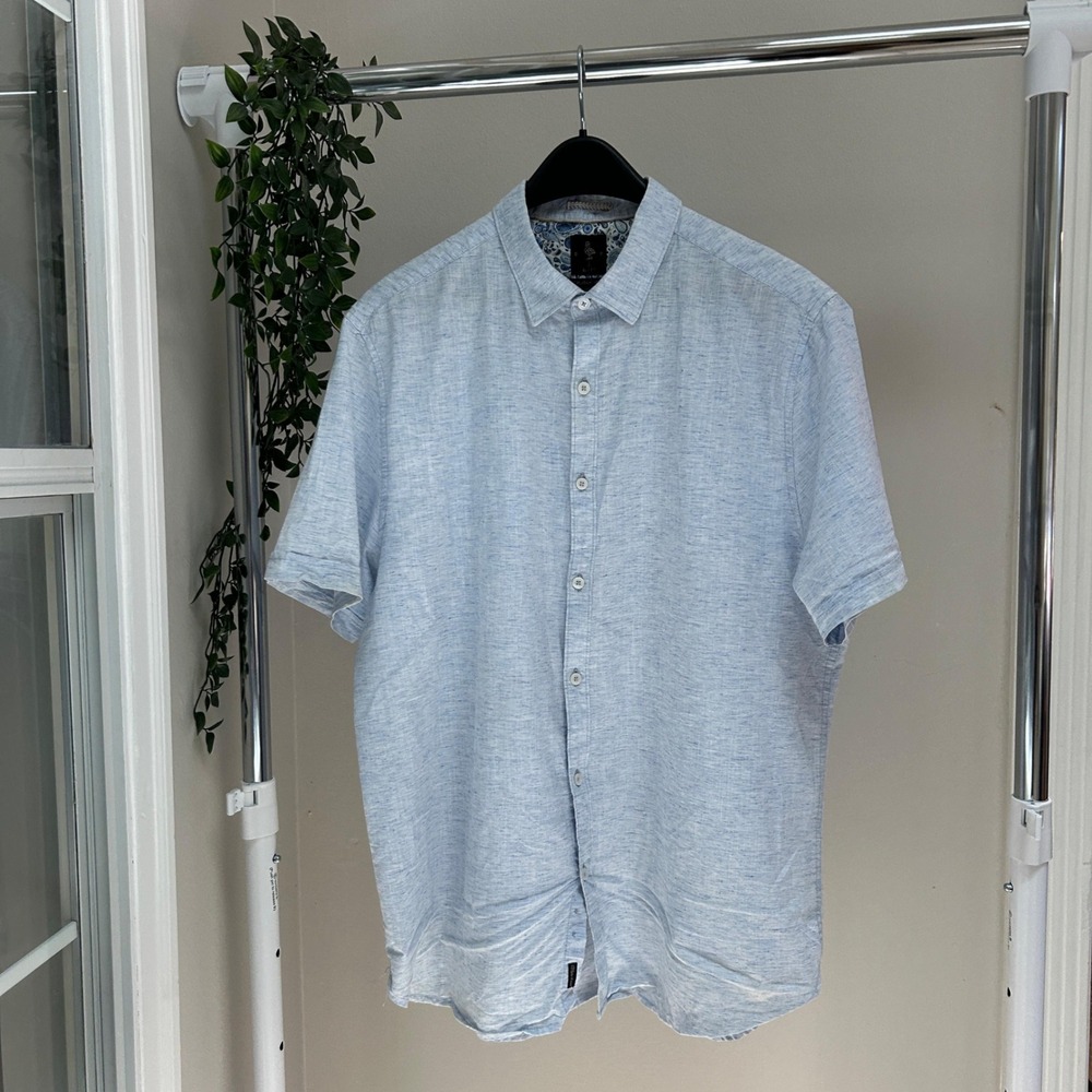 Denham Short Sleeve Button Down Shirt Light Blue Heathered Sz XL